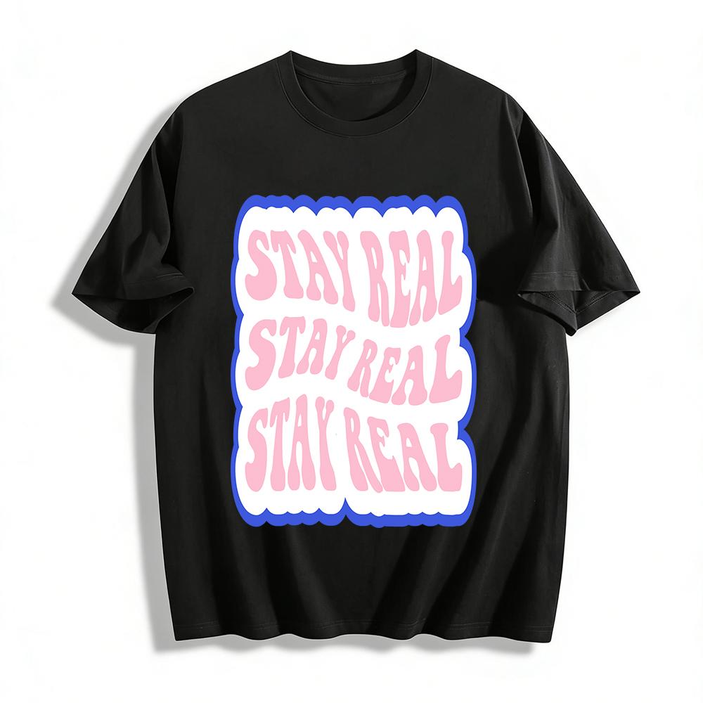 Retro American Style Stay Real Graphic Tee Unisex Loose Fit Cotton Crewneck Top Pure cotton T-shirt XXS