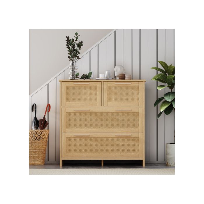 Armoire En Rotin De Haute Qualité À 4 Tiroirs Avec Poignées En Bois Massif Dimensions L80/H80/T38 Cm