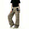 American Retro Leopard Print Splicing Jeans Men's and Women's Patch Pockets Design Loose Casual Wide-leg Scimitar Straight Pants