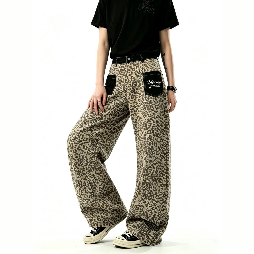 American Retro Leopard Print Splicing Jeans Men's and Women's Patch Pockets Design Loose Casual Wide-leg Scimitar Straight Pants