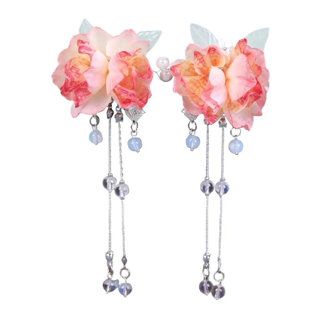 1 Pair Vintage Hair Clips For Women Chinese Style Gauze Flower Tassel Hairpins Handmade Elegant Hanfu Floral Hair Accessories