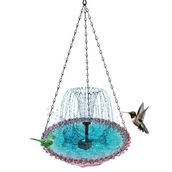 Solar Cascade Fountain Birdbath Solar Powered Fountain Bird Bath Hanging Glass Bowl Birdbath Attracts Wild Birds Hummingbirds for Outdoor Garden Yard
