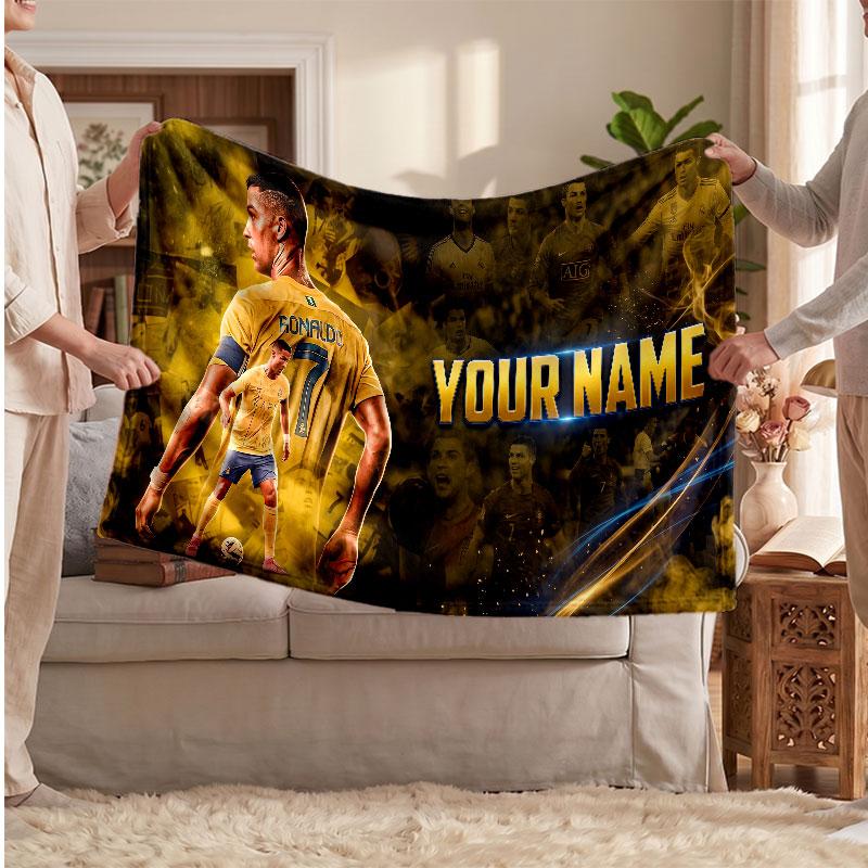 Coperta Personalizzata in Pile Cristiano Ronaldo con Logo Calcio, Testo Nome Personalizzato Morbida Calda Coperta da Divano per la Casa
