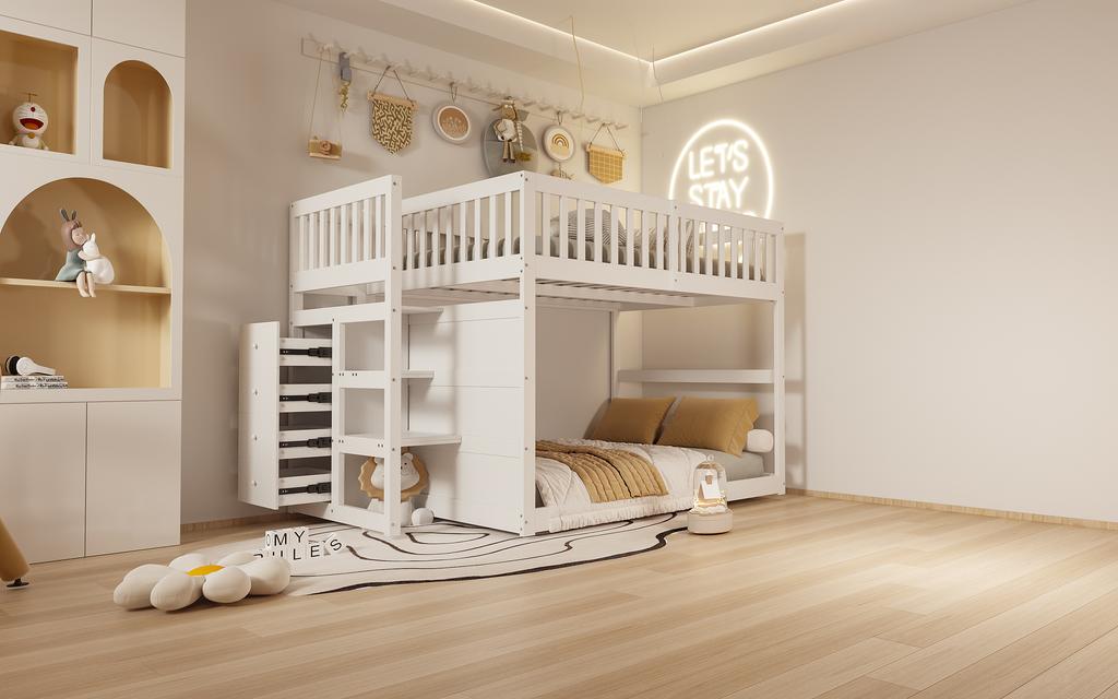 Low Bunk Bed 140 X 200 Cm, Safety Bunk Bed with Storage Compartment, High Fence Design, Wooden Bed, White