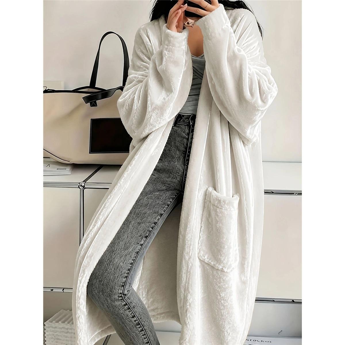 Damen Fleece Langer Offener Strickmantel Übergroß Lockerer Mantel Mit Taschen Lässige Loungewear XXXL weiß