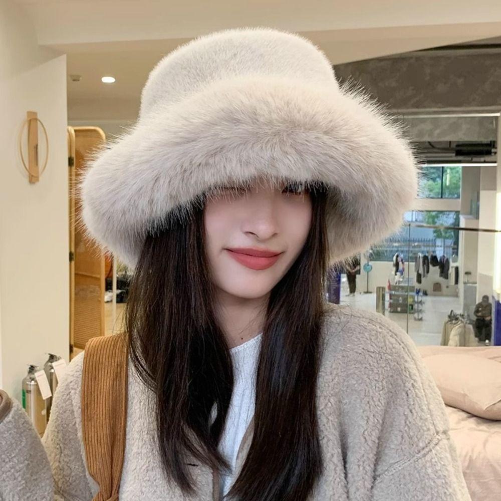 Solid Color Faux Fur Bucket Hat Imitation Fur Winter Fluffy Hat Fluffy Fur Fisherman Hat Winter