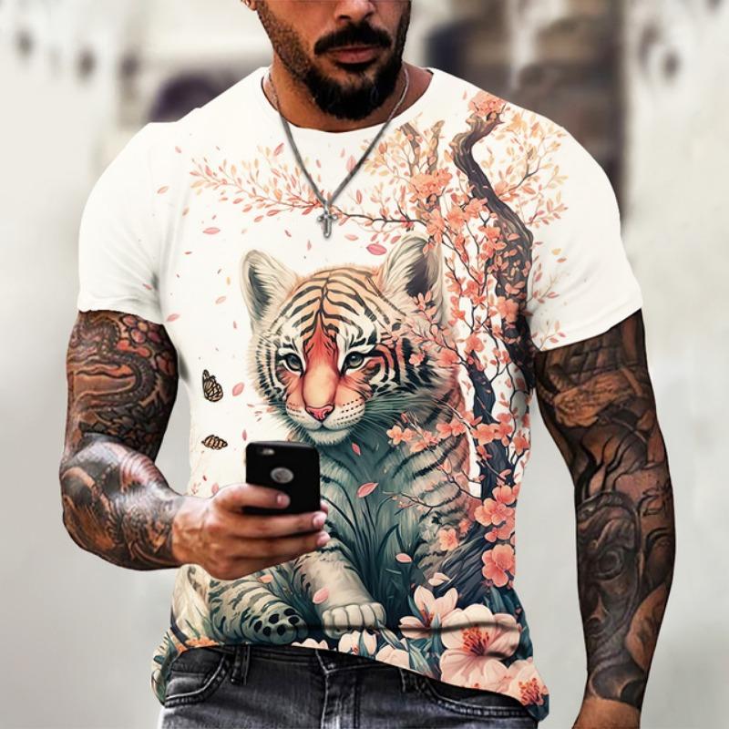 Vintage Animal T-Shirt Mens T Shirt 3d Fierce Leopard Print Tee Summer Short Sleeve Holiday T Shirt Loose Clothing Male Pullover
