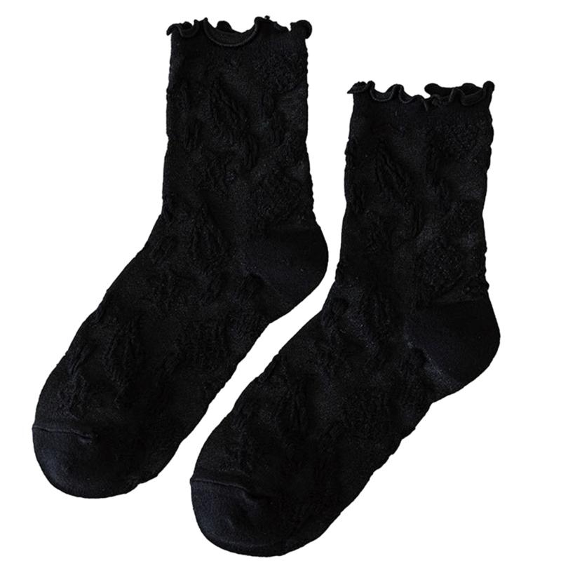 JK Girl Ruffle Lace Trim Cotton Ankle Socks Jacquard Knit Frilly Socks for Women