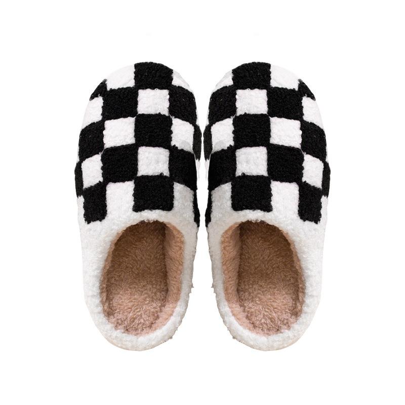 Rainbow checkerboard plaid winter indoor non-slip home cotton slippers plush warm daily casual fluffy slippers