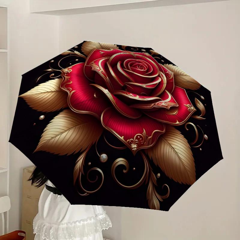 1pc Golden Rose Ornament Umbrella with Plastic Handle,Suitable for All Seasons Home Travel Outdoor UmbrellaDD1081