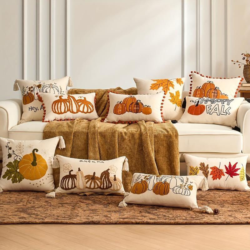 Autumn Themed Pillow Covers Vibrant Pumpkin & Maple Leaf Pillow Covers Cushion Cases for Thanksgiving, Living Room and Garden