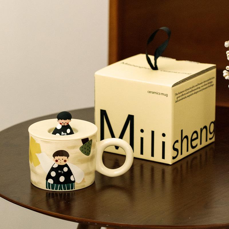 Retro Boy And Girl Couple Water Cup Ceramic Cup With Lid Pair Couple Breakfast Cup Coffee Cup
