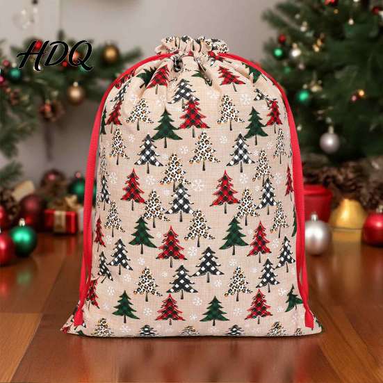 Reusable Holiday Bags Christmas Tree Print Drawstring Gift Bags Faux Linen Xmas Treat Bag Wrapping Candy & Apple Storage Pouch for