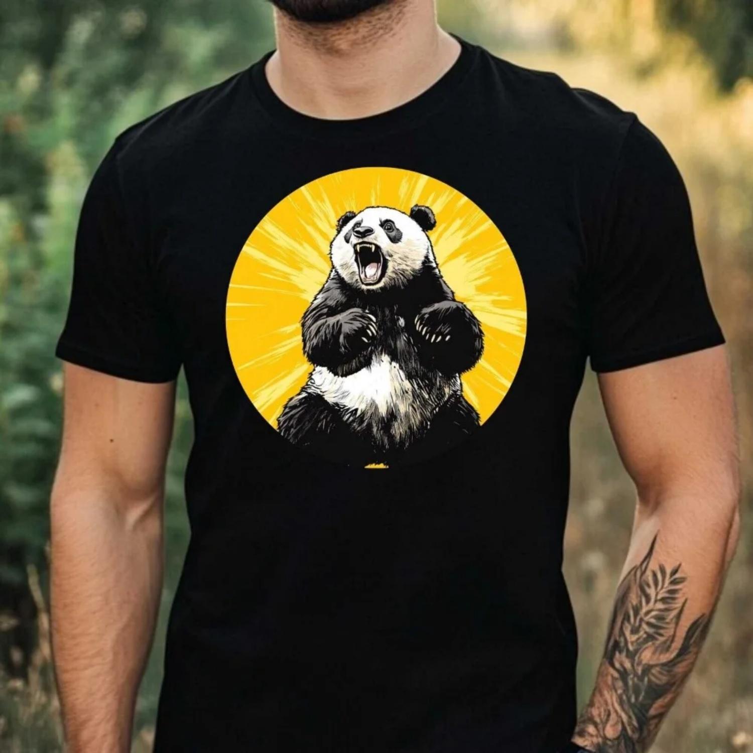 

Mens Cool Panda Print Cotton T-Shirt Creative Pattern Print Design Short Sleeve Panda Enthusiast Gift Shirt Men Summer Tee Tops S чёрный