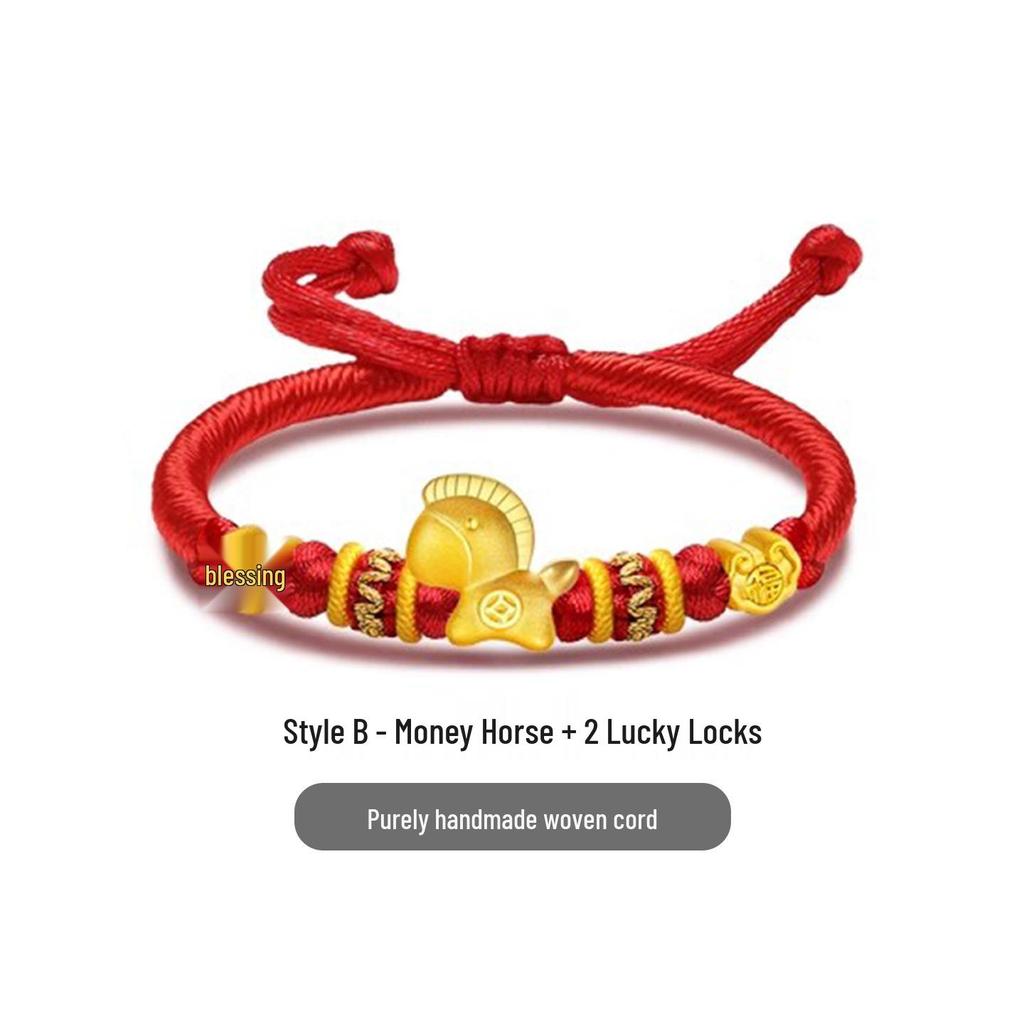 Gold 999 Zodiac Horse Charm Bracelet with Red Rope - Birth Year Gift for Girlfriend