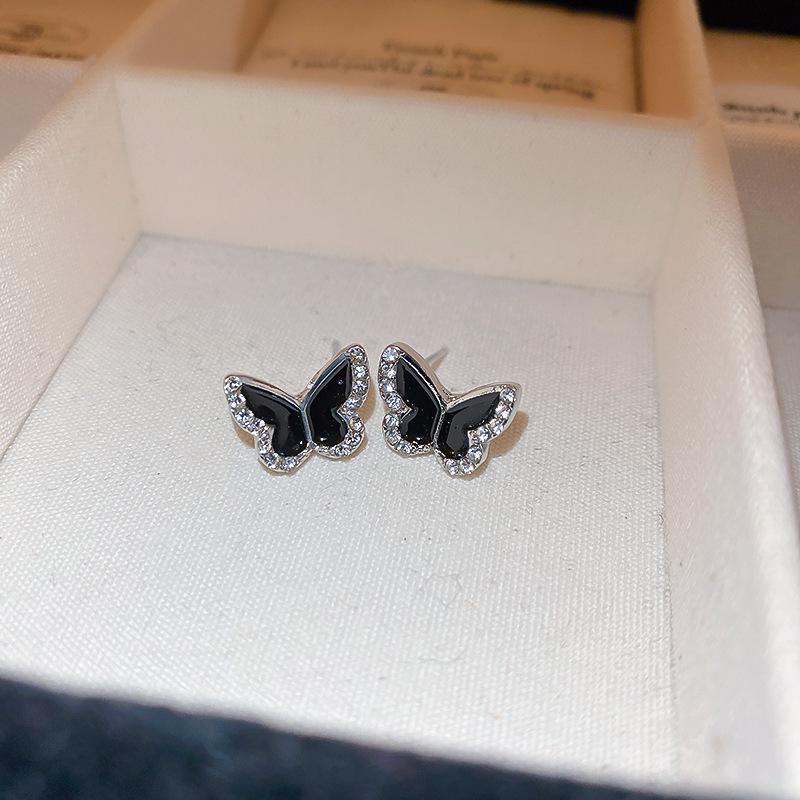 Black Enamel Women's Small Earrings Crystal Side Mini Butterfly Lovely Animal Shape Tiny Stud Earrings for Girls Boucle D'oreill
