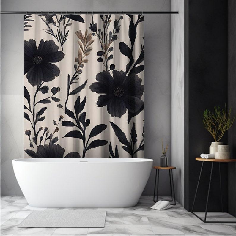 Gothic Floral Shower Curtain, Black Floral Shower Curtain, Black Wildflower, Vintage Gothic Shower Curtain, Spring