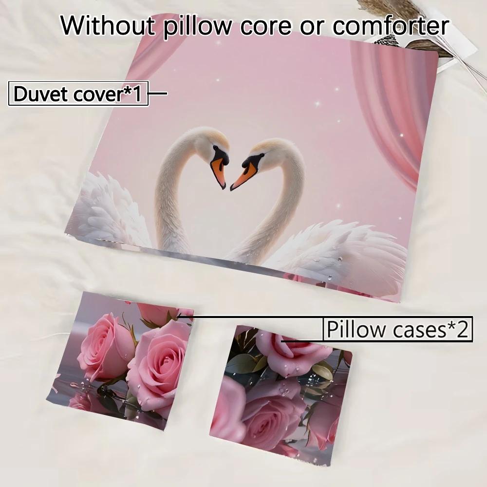 3 Piece Set Romantic Swan Valentine's Day Print Quilt Set, Including 1 Duvet Cover and 2 Pillowcases (excluding Padding)