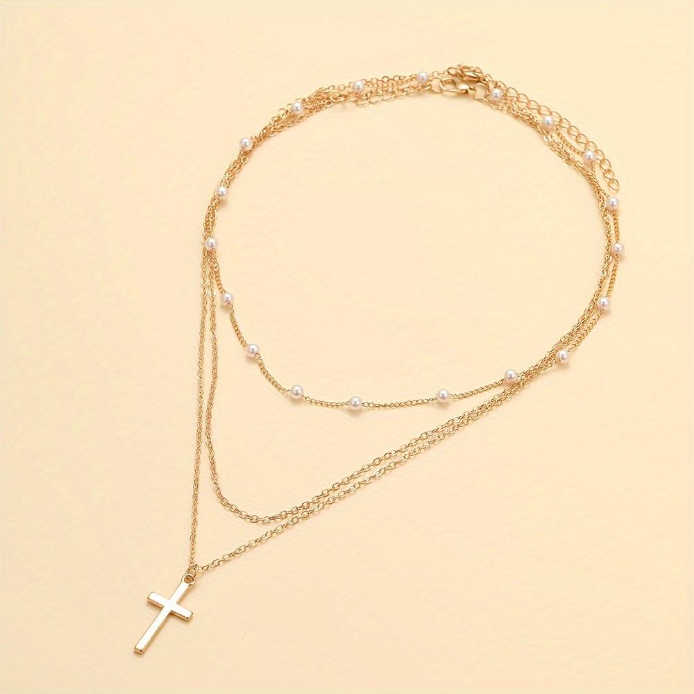 Women Gold Layered Cross Necklace Pearl Station Chain Dainty Pendant
