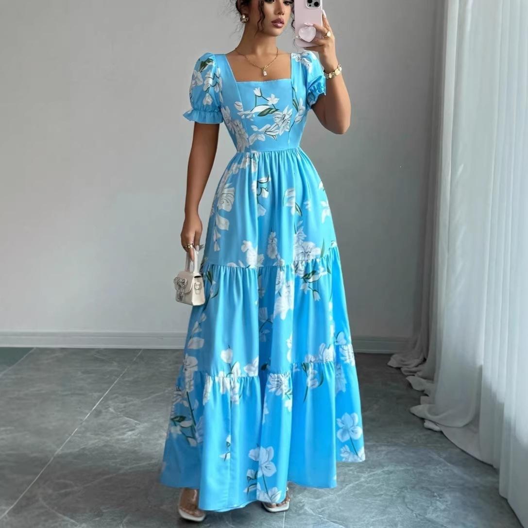 Elegant dress, floral temperament printing, European and American square collar new long dress, blue and pink. S
