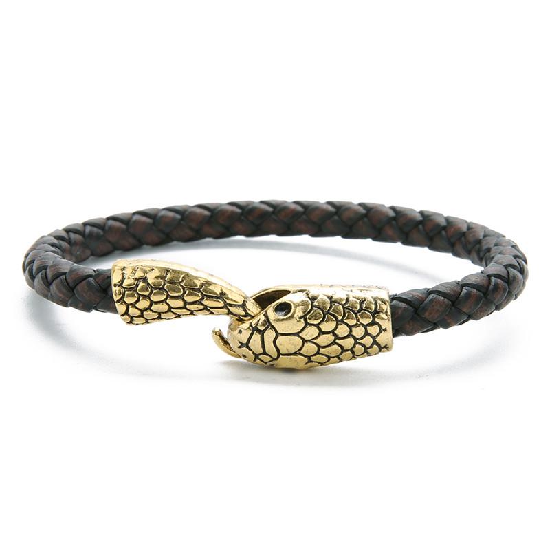 Vintage Silver Color Snake Easy-Hook Leather Bracelets Men Viking Jewelry Black Brown Braid Bracelet Charms Bangle 2019