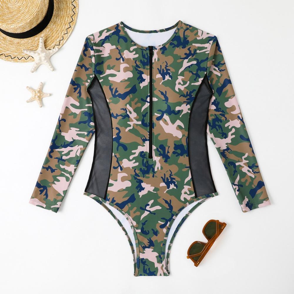 European and American Swimsuit One-piece Long-sleeved Mesh Stitching Surf Suit