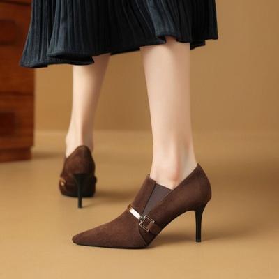 2024 Damskie Buty Rzym Damskie Wysokie Obcasy Retro Sukienka Czółenka Kobiety Metalowa Dekoracja Szpiczasty Nosek Wsuwane Cienkie Obcasy Buty Damskie