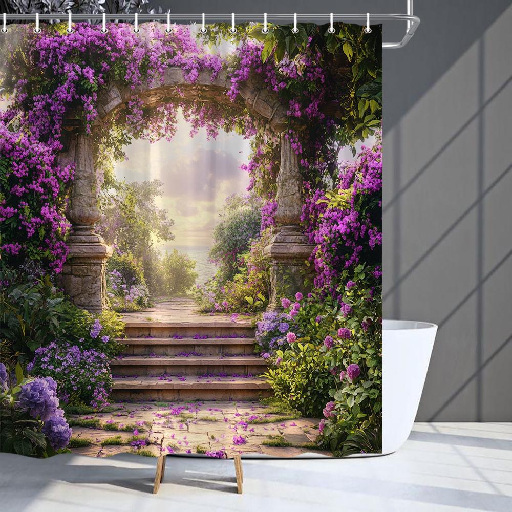 [Purple Floral Shower Curtain] Spring Bliss Purple Floral & Ocean Landscape Shower Curtain - Durable Polyester, Easy-Care With W60H190(CM)-1 Pcs