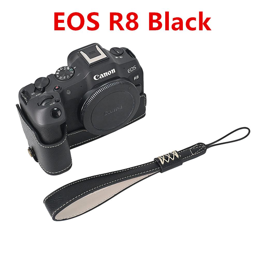 Palm Print PU Leather Camera Half Case For Canon EOS R50 R10 R8 Battery Opening Bottom Cover With Hand Strap