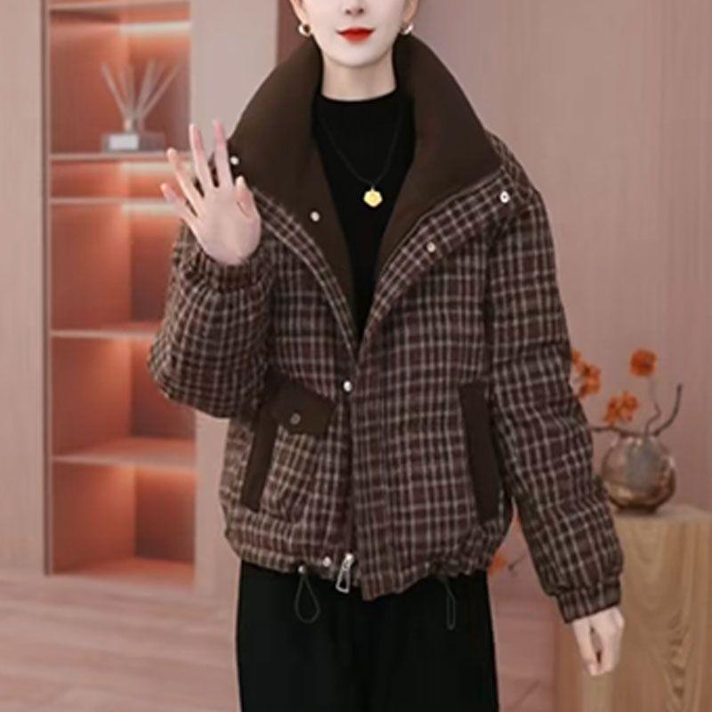 Thickened Warm Winter Plaid Cotton Jacket for Women Loose Casual Slimming Versatile Basic Outerwear Padded Coat