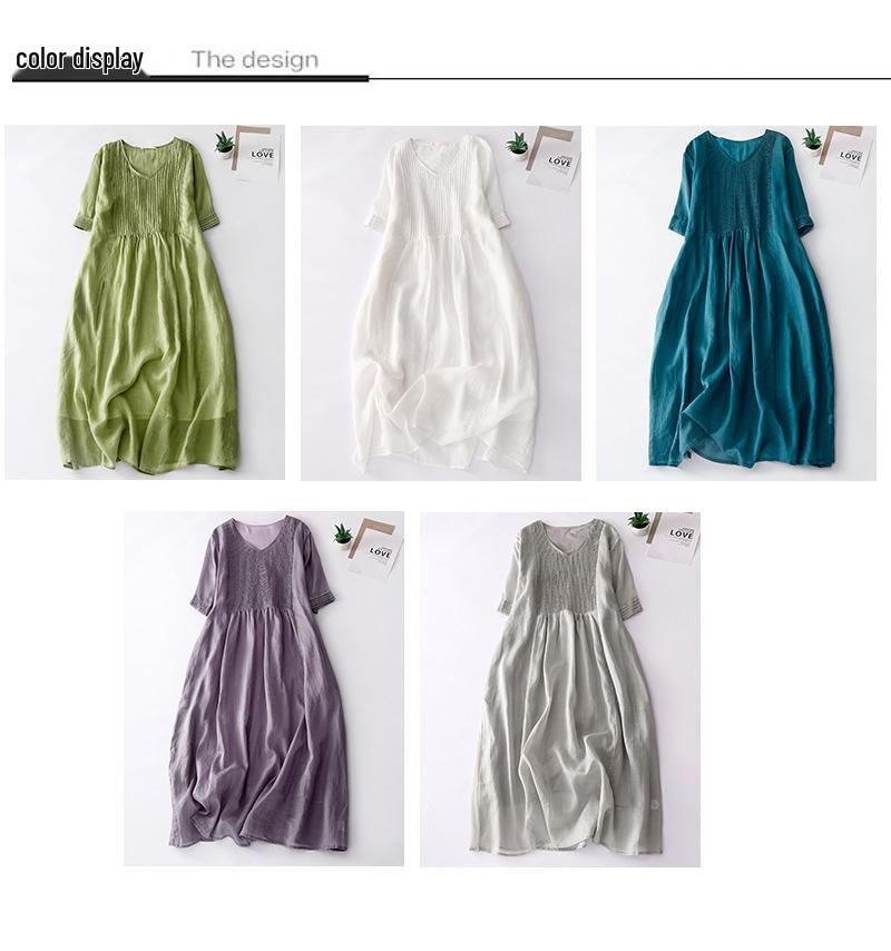2024 Summer Women's Cotton-Linen V-Neck Pleated Retro Dress
