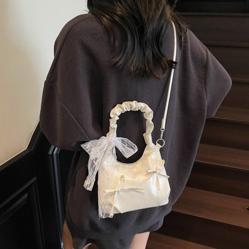 Pleated Evening Handbag Beige Underarm Bag Sweet Bow PU Shoulder Bag Travel