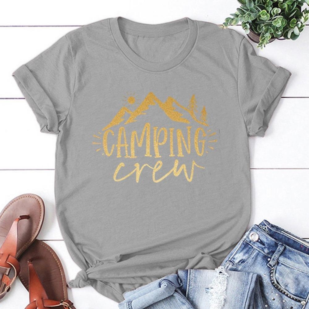 Funny Camping Crew Print T-shirt Summer Camper T-shirt Women Men Short-sleeved Loose