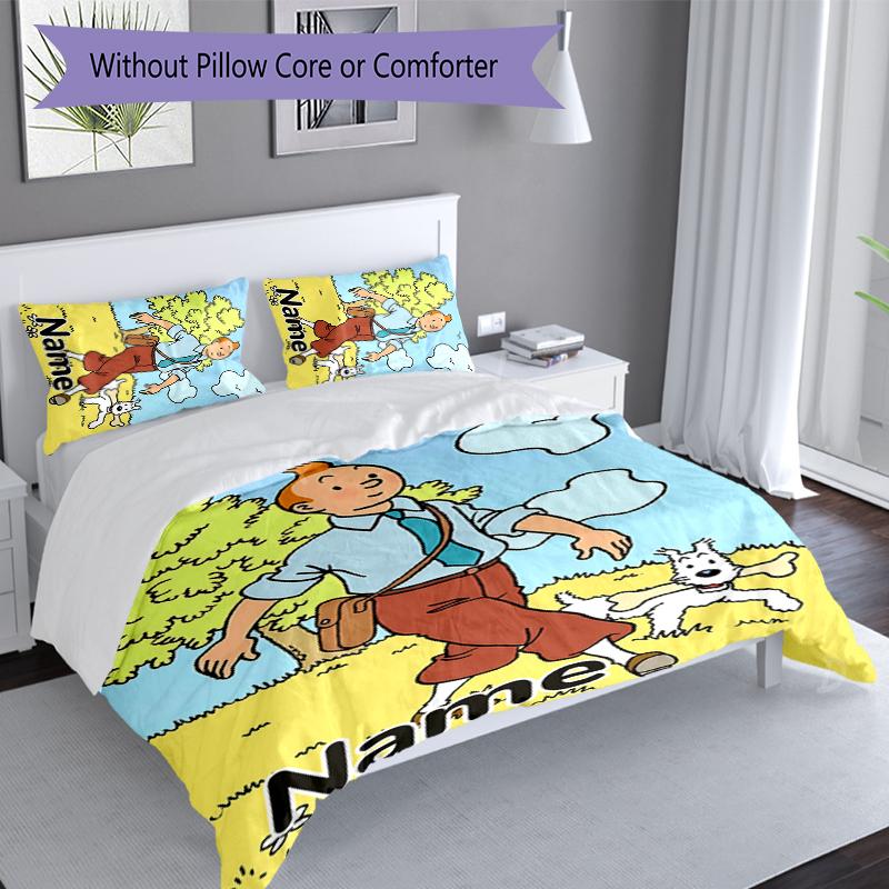 Juego de Ropa de Cama Las Aventuras de Tintín con Nombre Personalizado de 3 Piezas, Incluye 1 Funda Nórdica y 2 Fundas de Almohada, Decoración de Dormitorio para Todas las Estaciones