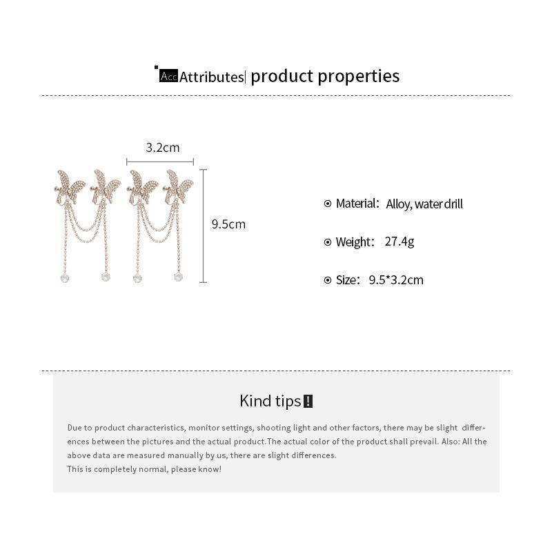 Light Luxury High-End Butterfly Ear Clip, Asymmetric Tassel Design With Diamond Inlay, Exaggerated Ear Bone Clip Earrings For Women Without Ear Holes