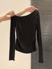Black and gray striped slanted shoulder off-the-shoulder long-sleeved bottoming  T-shirt for women's early autumn wear with pleated slim-fitting top