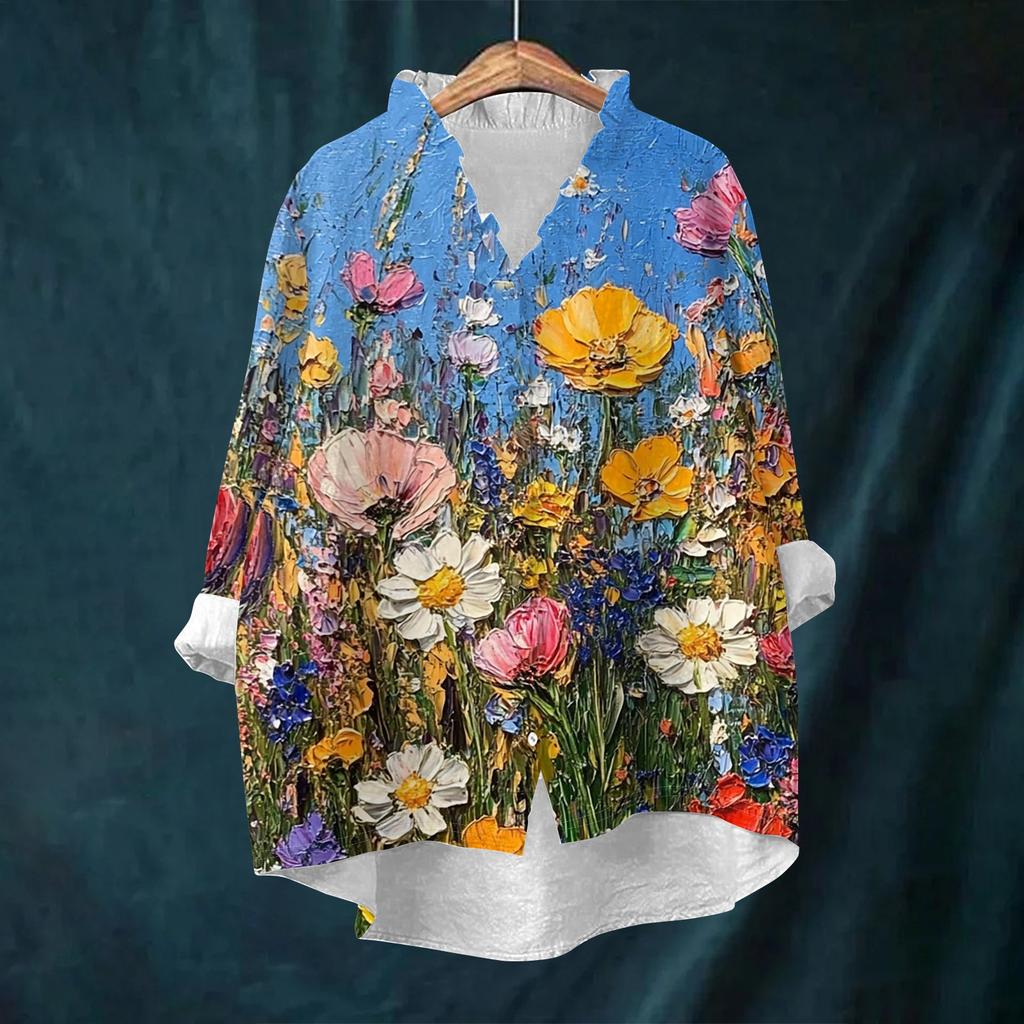 Women's Loose Ruffled Retro Floral Print Stand Collar Long Sleeve Cotton And Linen Top
