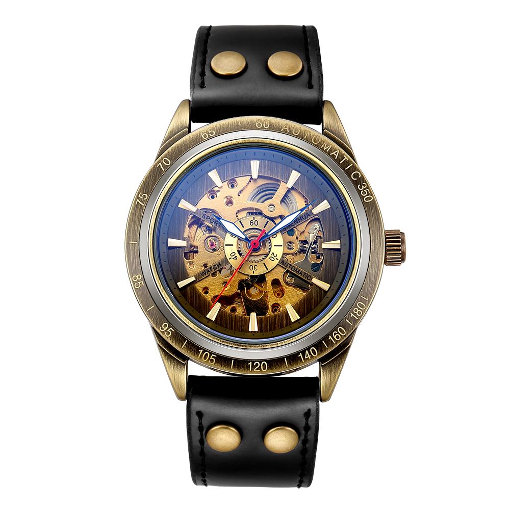 Creative Skeleton Mechanical Wristwatch Automatic Self Winding Watches Men Leather Steampunk Clock Without Battery Uhr Reloj
