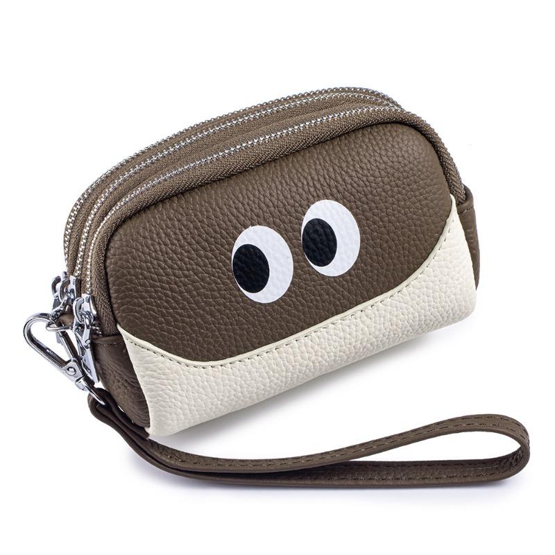 

New first-layer cowhide change bag mini cute women s small wallet multi-functional leather three-zipper storage bag