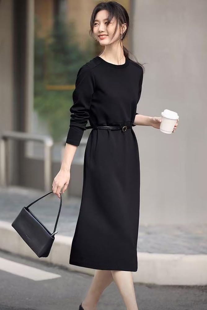 Chubikime Long Sleeve Sweatshirt Crew Midi Solid Simple and Pullover Style with Hem Stylish and Perfect for and Casual Work Women's Dress, Neck,