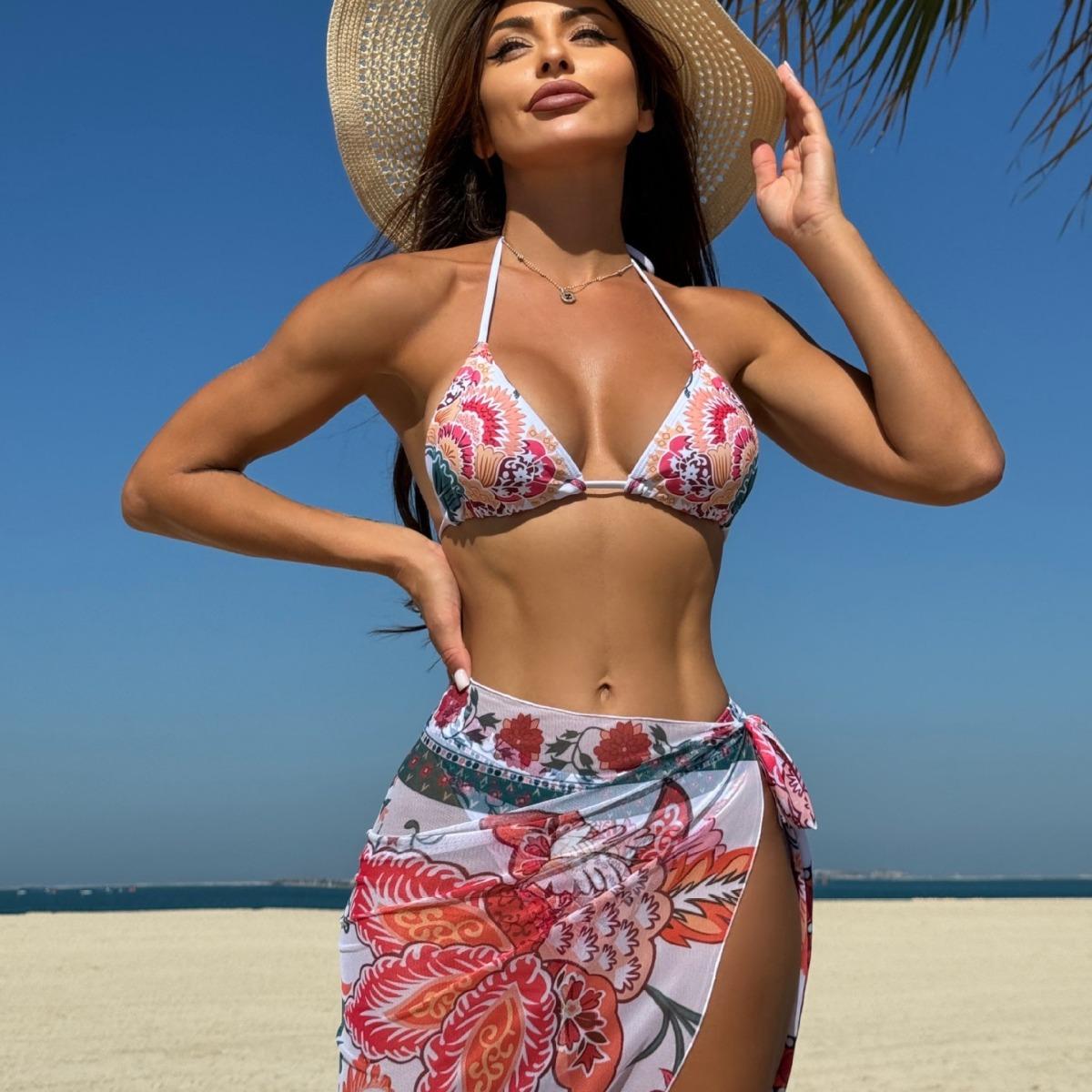 European and American three-piece flower printing fixed mesh three-piece swimsuit swimsuit bikini bikini S