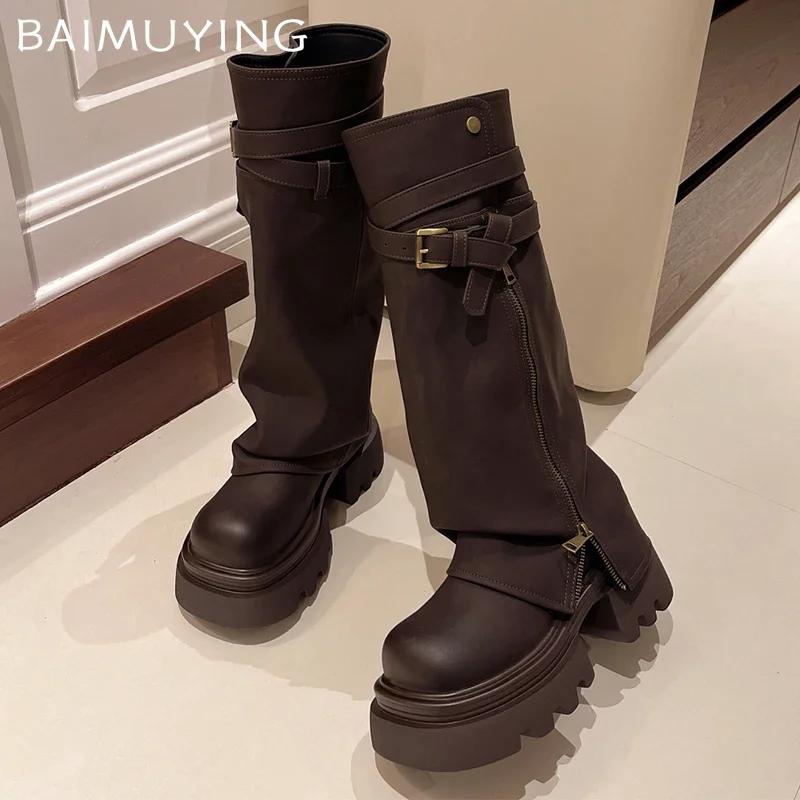 Platform Women High Boots High Heels Chunky Fashion Leather Shoes Woman 2025 Trend Winter Elegant Sexy Femme Motorcycle Boots