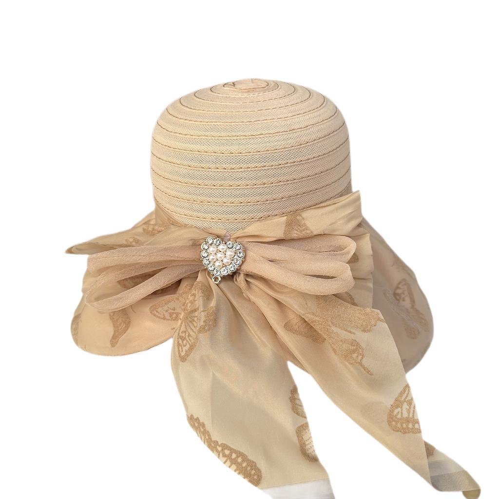 New Eugen Yarn Basin Hat Women's Summer Diamond Buckle Bow Sun Protection Sun Hat Fashion Mesh Sun Hat