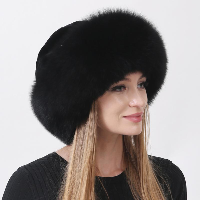Russian Winter Fur Hat Warm Fluffy Women Round Hat Fluffy Real Fox Rabbit Fur Bucket Hat