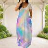 Women Plus Size Round Neck Short Sleeve Galaxy Printed Loose Maxi Dress With Side Pockets