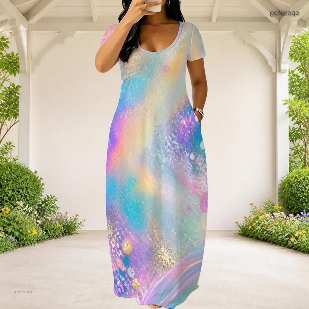 Women Plus Size Round Neck Short Sleeve Galaxy Printed Loose Maxi Dress With Side Pockets