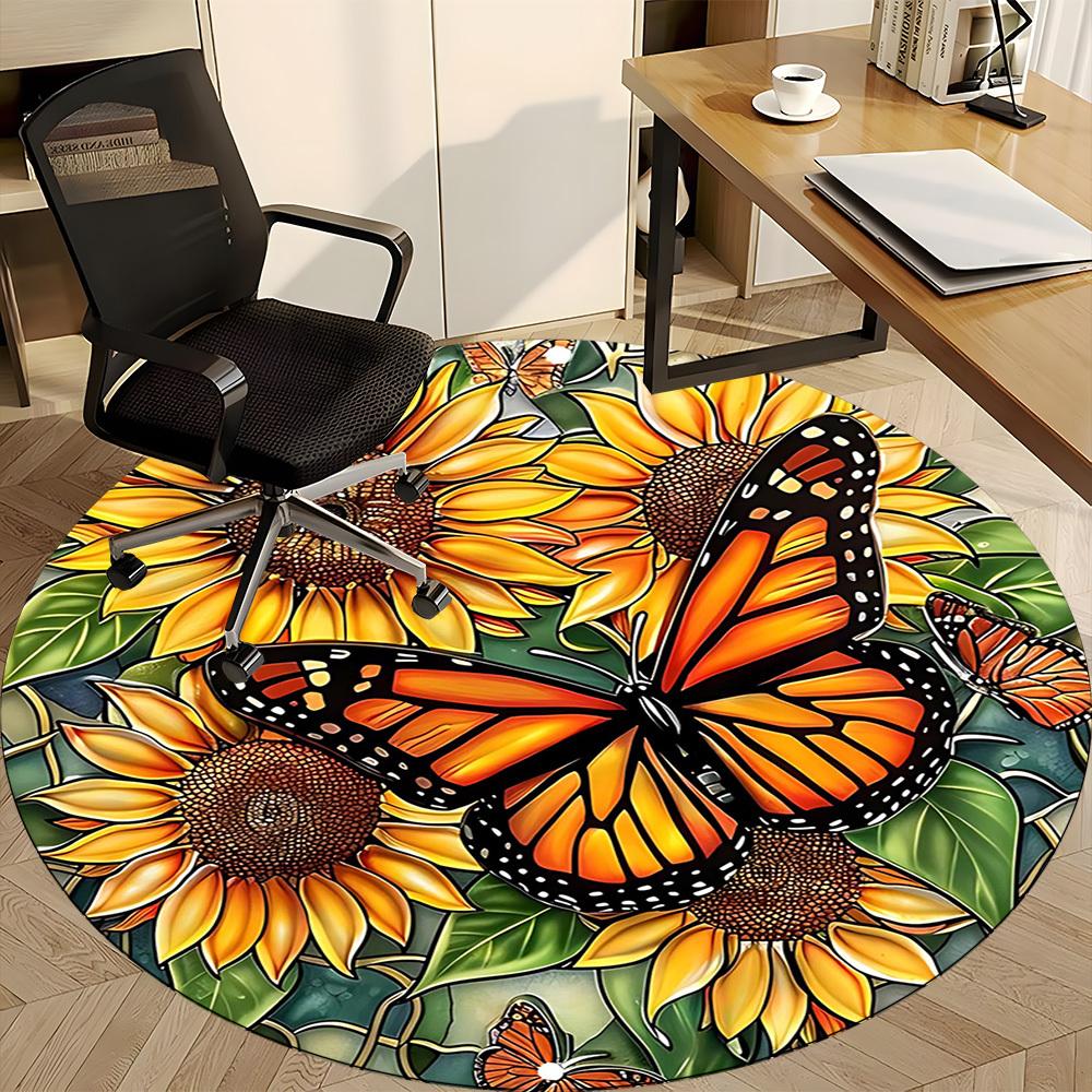 1PC Butterfly Sunflower Office Round Area Rug, Indoor Mat Suitable For Office, Under Office Chairs Bedroom Living Room Home Decor, Room DecoT1223060