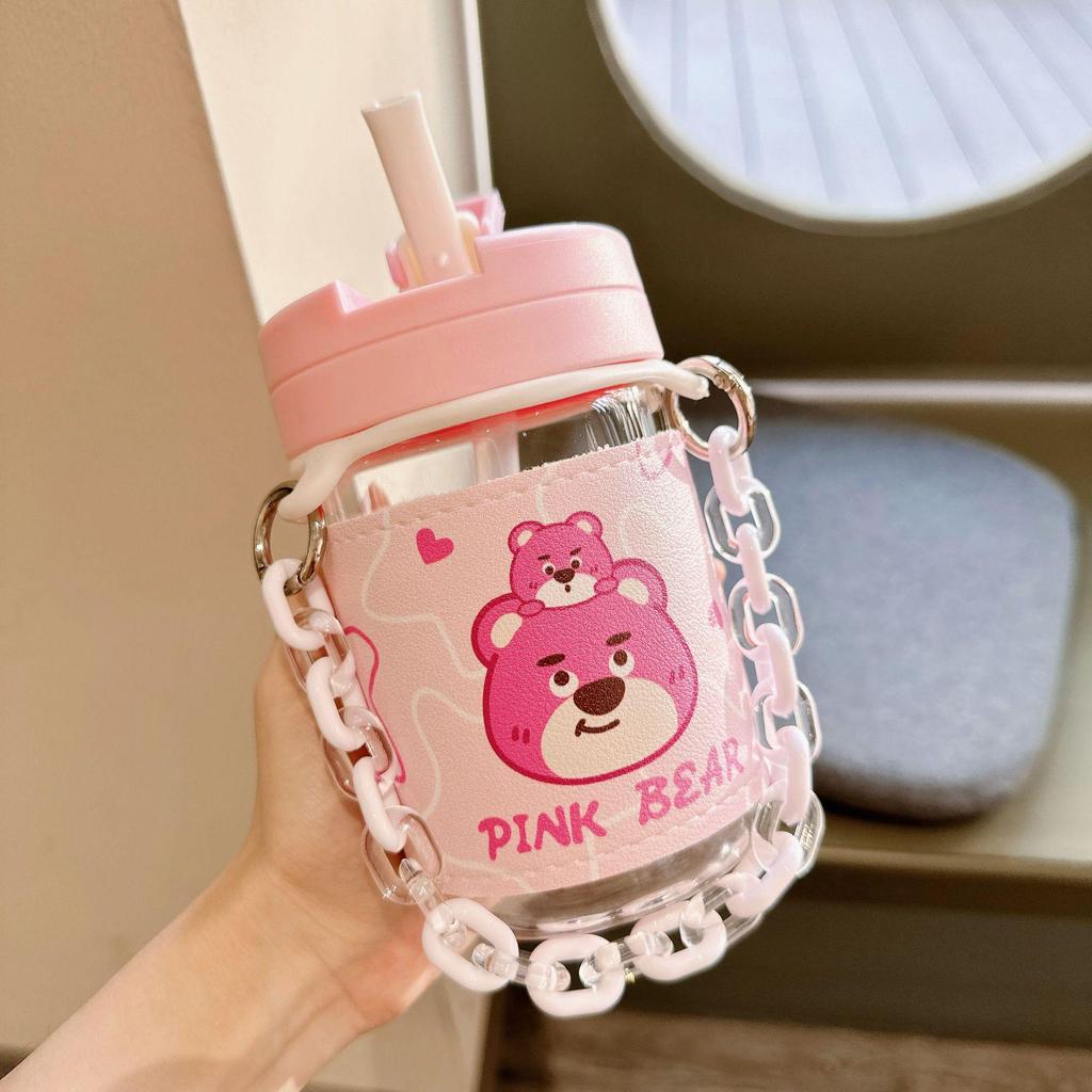 Adorable Bear Pink Straw Cup with Leather Case & Anti-Scalding Design - Portable Bracelet-Style Water Cup for Girls
