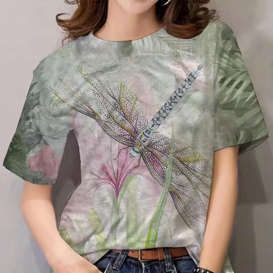 Summer Dragonfly 3D Printed T-shirt Top Short Sleeve Women's Loose Street T-shirt