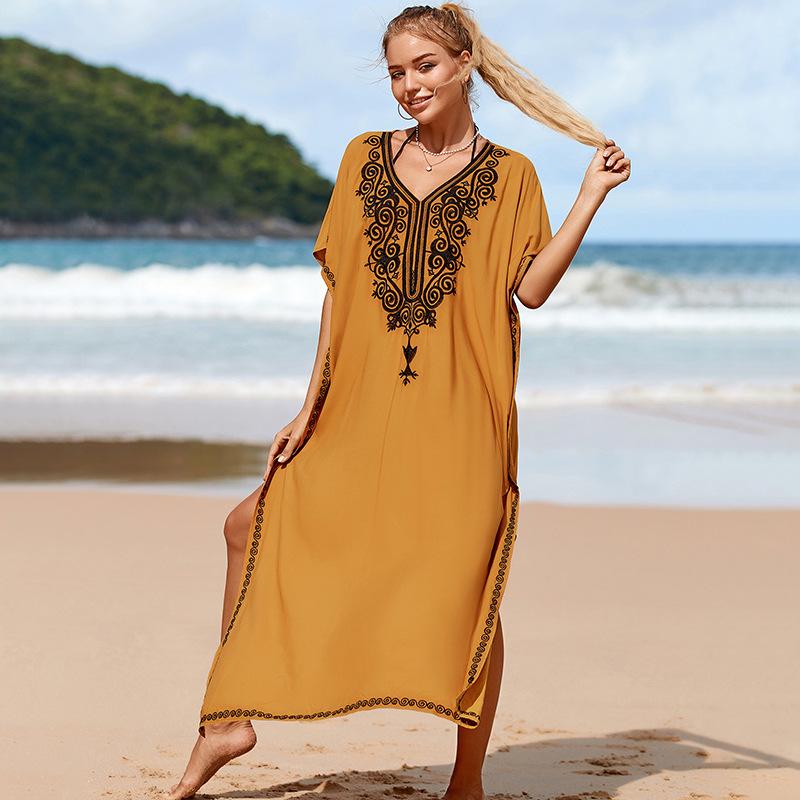 

Имбирно-желтое вискозное вышитое длинное пляжное платье-накидка для женщин One Size
